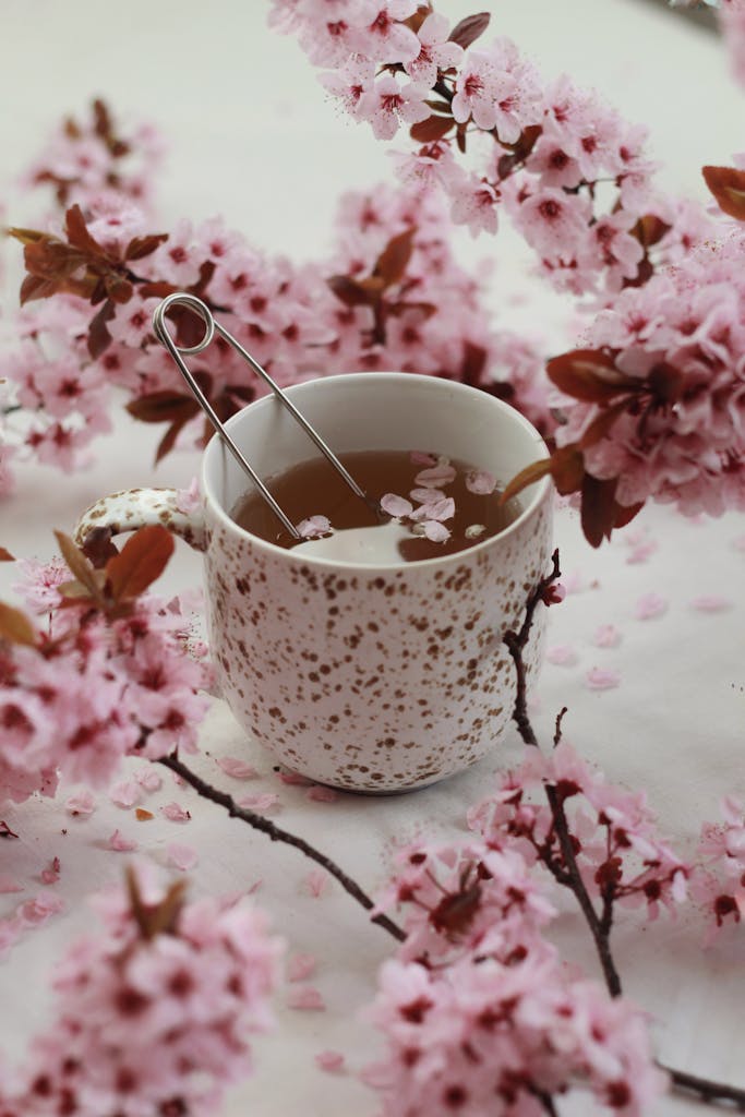 A calming cup of tea surrounded by delicate cherry blossoms, evoking spring's gentle essence.